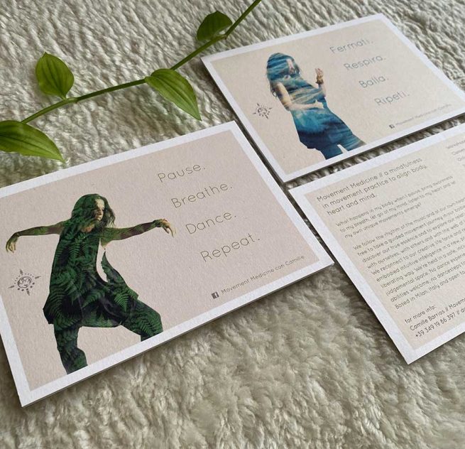 Pause. Breathe. Dance. Repeat. Personal Brand for Movement Medicine teacher. Postcards. Website. Events